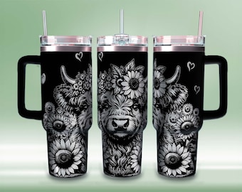 Diseño floral de vaca de las Tierras Altas para vasos: Grabado láser SVG (Descarga digital)