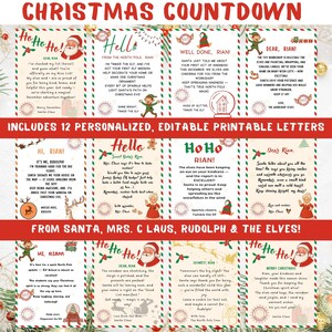 May include: A Christmas Countdown printable featuring 12 personalized, editable letters from Santa, Mrs. Claus, Rudolph, and the elves. Each letter has a festive design with holiday greetings and messages for children. The letters are decorated with Santa, elves, and reindeer.