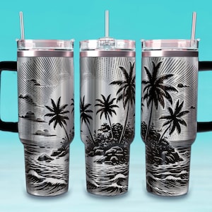 May include: A stainless steel travel mug with a black handle and a straw. The mug has a silver finish and a black and white design of palm trees and ocean waves.
