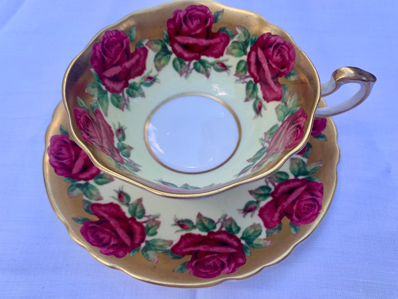 Paragon Cabbage Rose Garland Pastel yellow and Heavy 24K Gold Gild Tea Cup and Saucer image 1