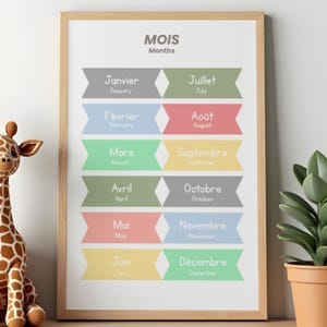 May include: A framed print displaying the months of the year in French and English. Each month is presented on a different coloured banner. The print is in a wooden frame, suitable for a child's room or classroom.