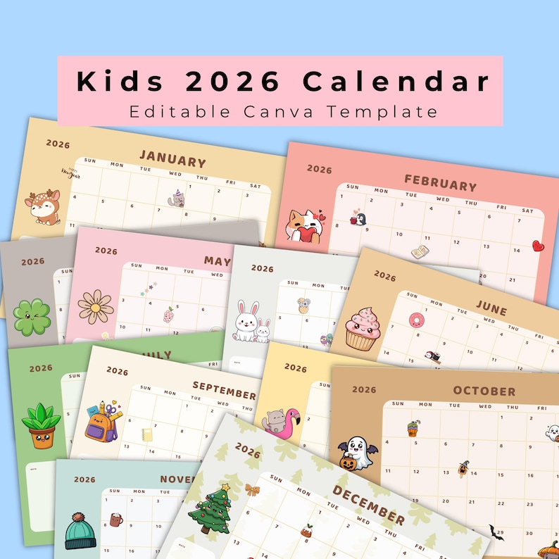 Editable Kids 2026 Calendar – Canva Template for Home & Classroom - Etsy