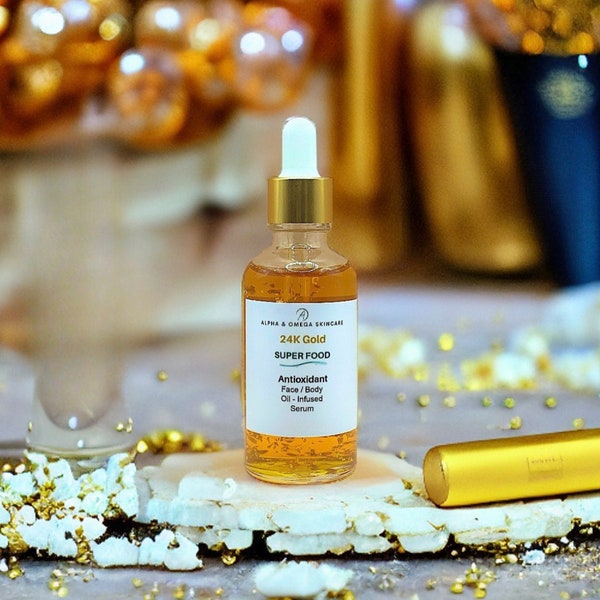 24K Gold Superfood & Antioxidant Face and Body Oil. Deep Nourishing, Anti-Aging, Fine Lines, and Wrinkles. Full Hydration in every drop. 1oz