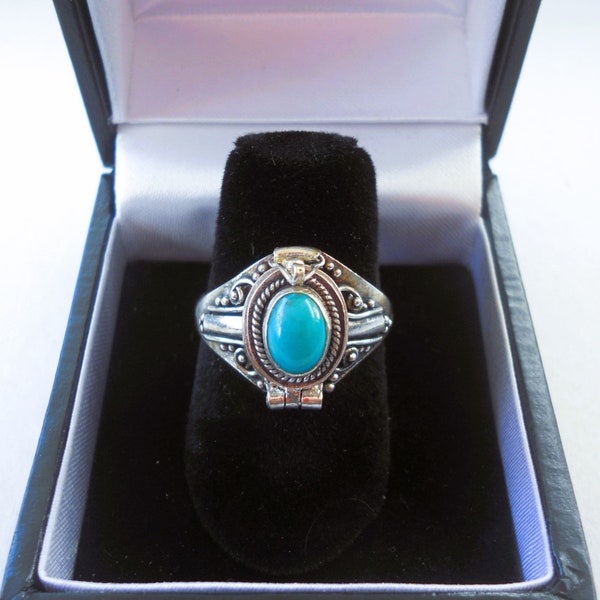 Handmade Sterling Silver Turquoise Gemstone Poison Locket Keepsake or Cremation Ring with Gift Ring Box included