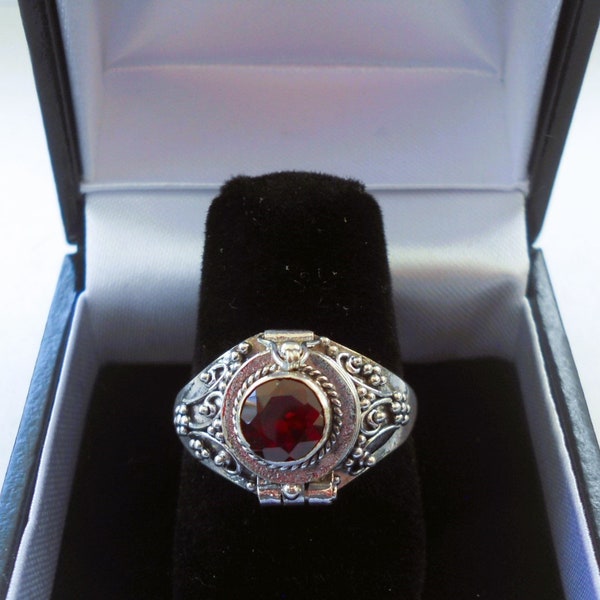 Sterling Silver Garnet Gemstone Poison Keepsake Locket or Cremation Ring with Gift Ring Box included