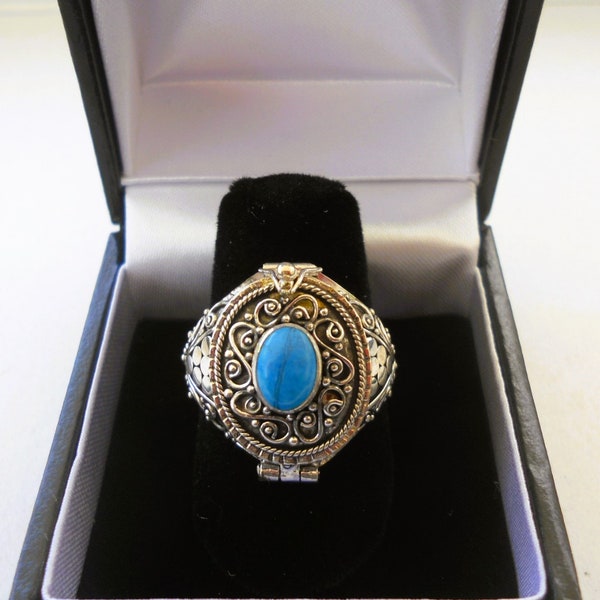 Handmade Sterling Silver Turquoise Gemstone Poison Keepsake Locket or Cremation Ring with Gift Ring Box included