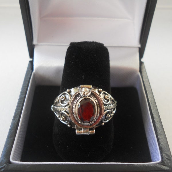 Handmade Sterling Silver Garnet Gemstone Poison Keepsake Locket Ring with Gift Ring Box included