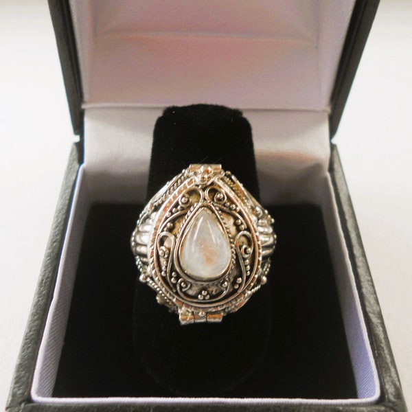 Handmade Sterling Silver Moonstone Gemstone Poison Locket Keepsake Ring with Gift Ring Box included