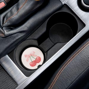 Car Coaster Set, Cherry Print Auto Cup Holder, Coquette Soapstone Drink Mat, Vehicle Accessories, Cute Gift for Her, Pink and Red Decor