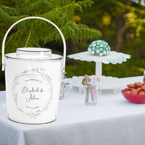 custom ice bucket with tongs, custom wedding accessories, personalized wedding gift, wedding reception, bridal shower, engagement party