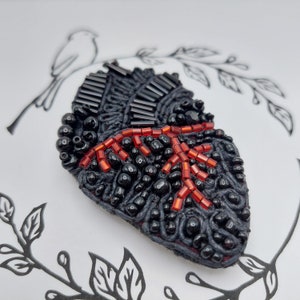 Anatomical heart brooch , embroidered brooch anatomical beaded heart brooch pin embroidered accessory gift seed beaded jewelry black heart
