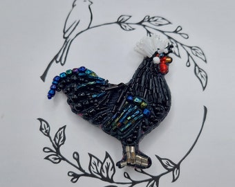 Polish chicken black rooster beaded brooch embroidered brooch bird brooch pin embroidered accessory gift beaded bird animal jewelry