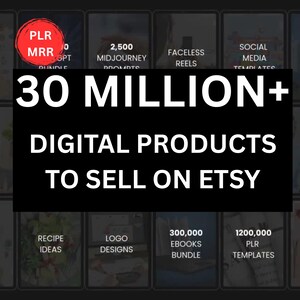 Puede incluir: Un collage de categorías de productos digitales disponibles para la venta en Etsy, que incluyen paquetes de diseño gráfico, videos de fitness, ideas de recetas, diseños de logotipos, libros electrónicos y más. El texto "30 millones+ de productos digitales para vender en Etsy" se muestra en letras grandes y en negrita.