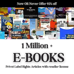 Könnte beinhalten: Eine Collage aus bunten E-Book-Covern mit dem Text "1 Million+ E-BOOKS" und "Privet Label Rights Articles with reseller license".