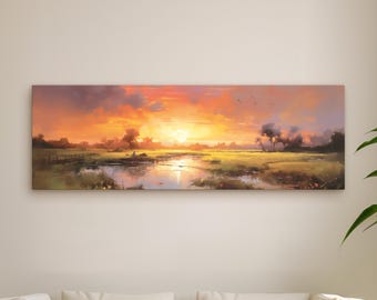 Sunset Meadow Canvas Print – Golden Dusk Landscape Wall Art