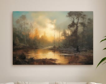 Misty Forest River Sunrise Canvas Print – Landscape Wall Art