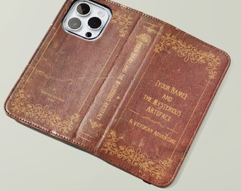 Funda tipo billetera para iPhone con diseño de libro personalizado, funda tipo folio con diseño de galaxia y libro vintage personalizado para amantes de la lectura, lectores clásicos, bibliófilos y amantes de los libros