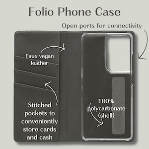 May include: Dark gray folio phone case made of faux vegan leather. Features stitched pockets for cards and cash, and a clear polycarbonate shell. The text on the case reads "Folio Phone Case" and "Open ports for connectivity."