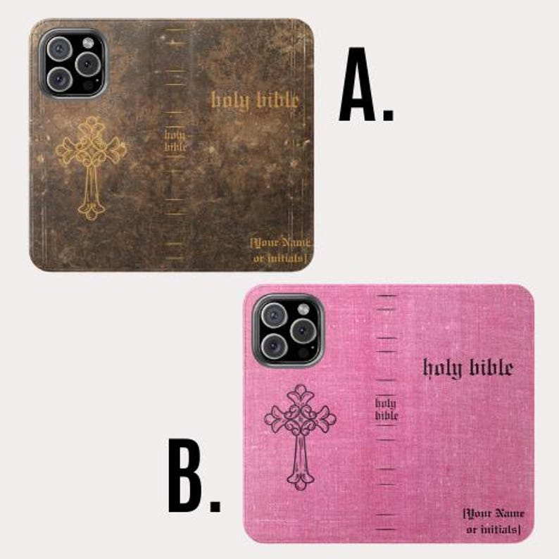 May include: Two phone cases with a religious theme. One is brown with a gold cross and the words "holy bible". The other is pink with a black cross and the words "holy bible". Both have space for initials.