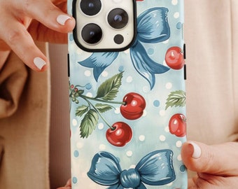 Coquette phone case iphone 15 iphone 14 iphone 13 cherries blue phone case, coquette phone cases, coquette accessories, coquette aesthetic