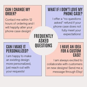 May include: A graphic with the text "Frequently Asked Questions" in a white circle. The surrounding boxes ask about order changes, refunds, personalization, and custom case ideas. The background is a light beige.