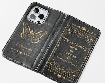 Book of Spells iphone 16 case wallet, personalized witchy cover, vintage book Magic Phone Case, Galaxy folio Book Reader Gift Bibliophile
