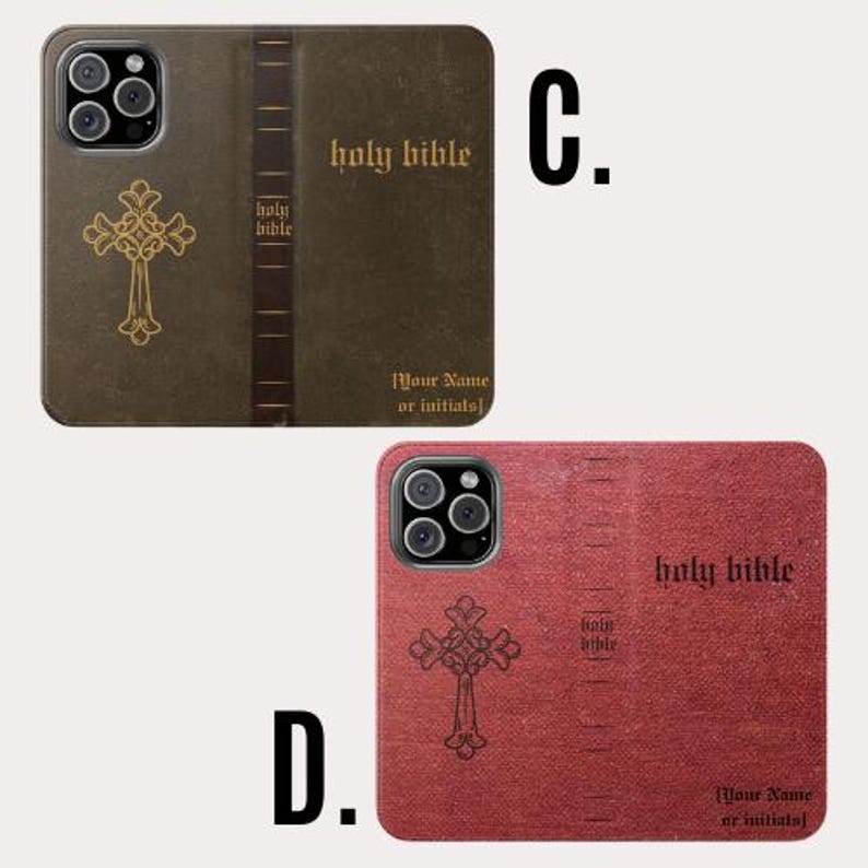 May include: Two phone cases with a book-like design. One is brown with a gold cross and the words "holy bible." The other is red with a similar cross and text. Both cases have space for personalization.