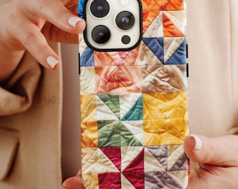 Quilt Phone Case, iPhone Cover Quilting Fabric Bright Vibrant Sewing Gift for Seamstress Quilter, Sewing Quilt Gift Google Pixel Galaxy