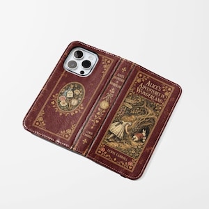 Custodia per telefono a tema Alice nel Paese delle Meraviglie, portafoglio con copertina a libro, letteratura classica vintage, regalo per lettori