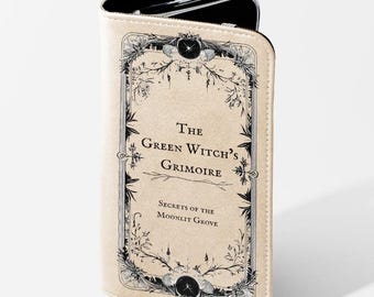 魔女風iPhoneケースウォレット、魔女の本のカバー、ヴィンテージブックマジックフォンケース、ギャラクシーフォリオブックリーダーギフト愛書家、魔術フォンケース