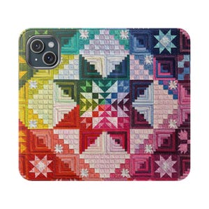 Colorful Log Cabin Quilt pattern Phone Case, Rainbow Patchwork Phone Wallet, Seamstress Gift, Quilter Phone Cover Quilting Sewing Phone Case