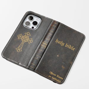 Portefeuille de cas de téléphone de bible, galaxie de livre vintage personnalisé personnalisé, couverture d'iphone Samsung lecture bibliophile chrétienne lecteur livresque