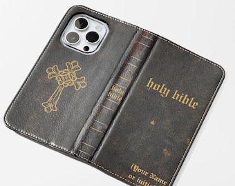 Funda para teléfono con billetera con la Biblia, libro vintage personalizado con diseño de galaxia, funda para iPhone Samsung, lector bibliófilo cristiano, lector aficionado a los libros