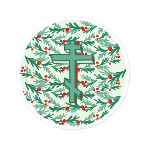 Orthodox Cross Evergreen Garlands Sticker - Christian Gift Orthodox Cross Holiday Sticker Christmas