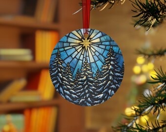 Stained Glass Effect Star Ornament | Snowy Pine Forest, Christian Christmas