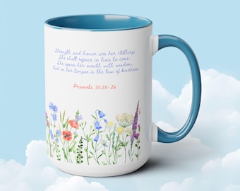 Proverbs 31:25 Mug – Floral Scripture Coffee Cup, Christian Gift