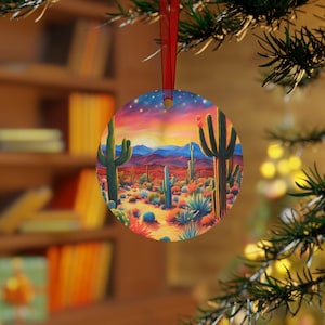 Desert Christmas Metal Ornament - Art Holiday Decor Bright Cactus Scene Holiday Ornament Christmas, Desert Decor Southwest Arizona Ornament