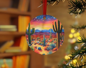 Desert Christmas Ornament: Southwest Cactus Scene Metal Holiday Decor