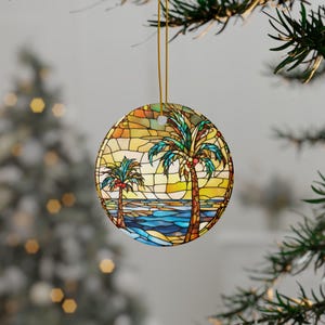 Beach Christmas Ceramic Ornament: Stained Glass Palm Tree Decor