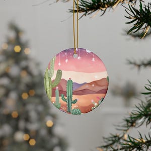 Desert Christmas Ceramic Ornaments (1, 3, 5, 10pc)  Holiday Decor Pastel Cactus Scene Holiday Ornament Christmas, Desert Southwest Ornament