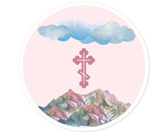 Pegatina de cruz ortodoxa con nubes de montaña - Fe y naturaleza