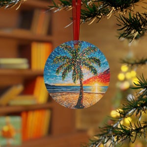 Palm Tree Beach Christmas Ornament: Tropical Mosaic Metal Holiday Decor