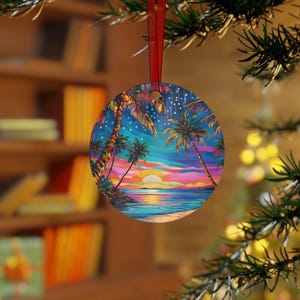 Beach Christmas Ornament: Faux Stained Glass Palm Tree Sunset