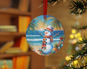 Tropical Christmas Snowman Beach Scene Metal Ornament