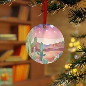 Desert Christmas Metal Ornament - Art Holiday Decor Pastel Cactus Scene Holiday Ornament Christmas, Desert Decor Southwest Arizona Ornament