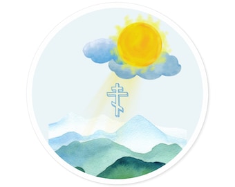 Pegatina de cruz ortodoxa de la montaña del amanecer - Calcomanía de fe religiosa