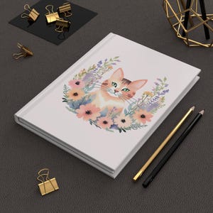 Carnet cartonné portrait de chat, carnet de notes floral aquarelle, cadeau pour amoureux des chats, journal intime, carnet de croquis vierge fleurs