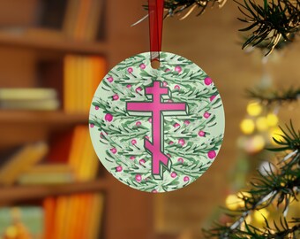 Orthodox Cross Christmas Ornament – Evergreen Garland, Religious Gift