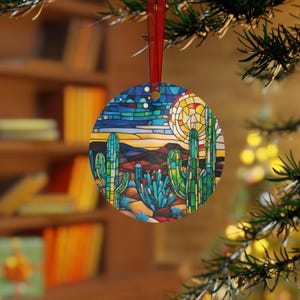 Desert Christmas Metal Ornament - Art Holiday Decor Southwest Scene Holiday Ornament Christmas, Faux Stained Glass Arizona Vibes