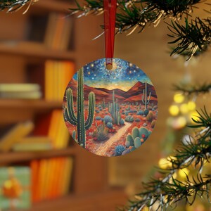 Desert Christmas Metal Ornament - Holiday Decor Mosaic Effect Cactus Scene Holiday Ornament Christmas, Desert Decor Southwest Arizona Decor
